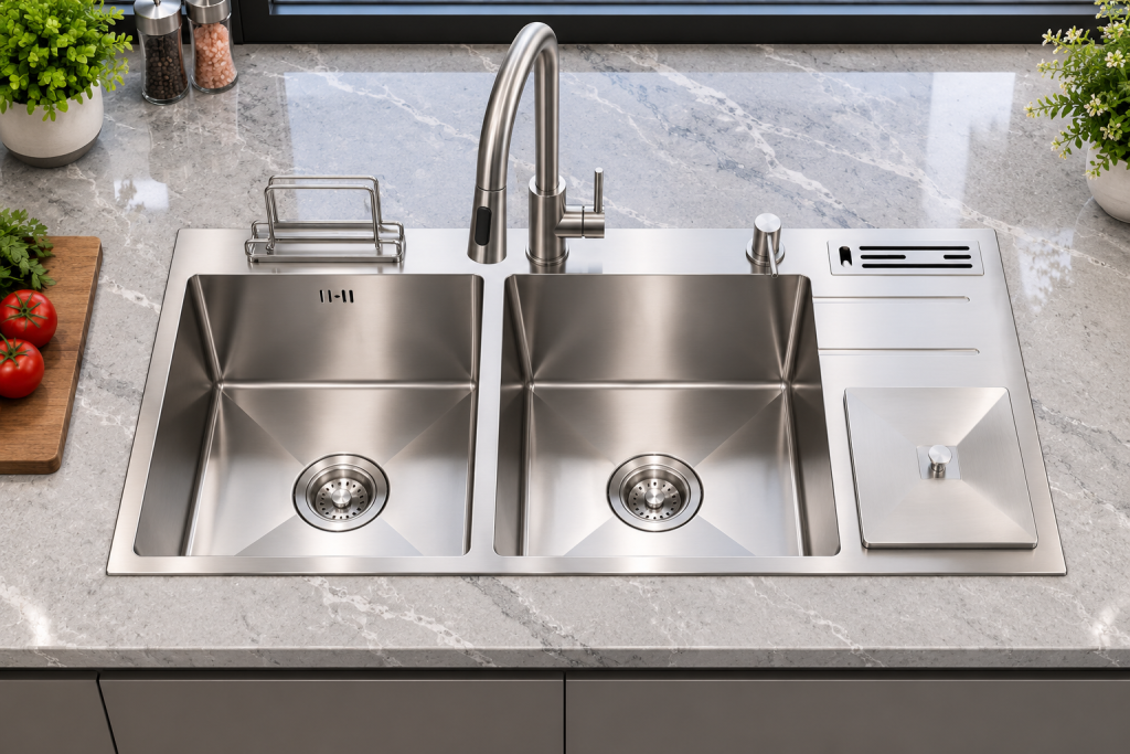 Chậu rửa INOX KAFF KF-D-HM10048 inox SUS304 hai hộc có bàn chờ