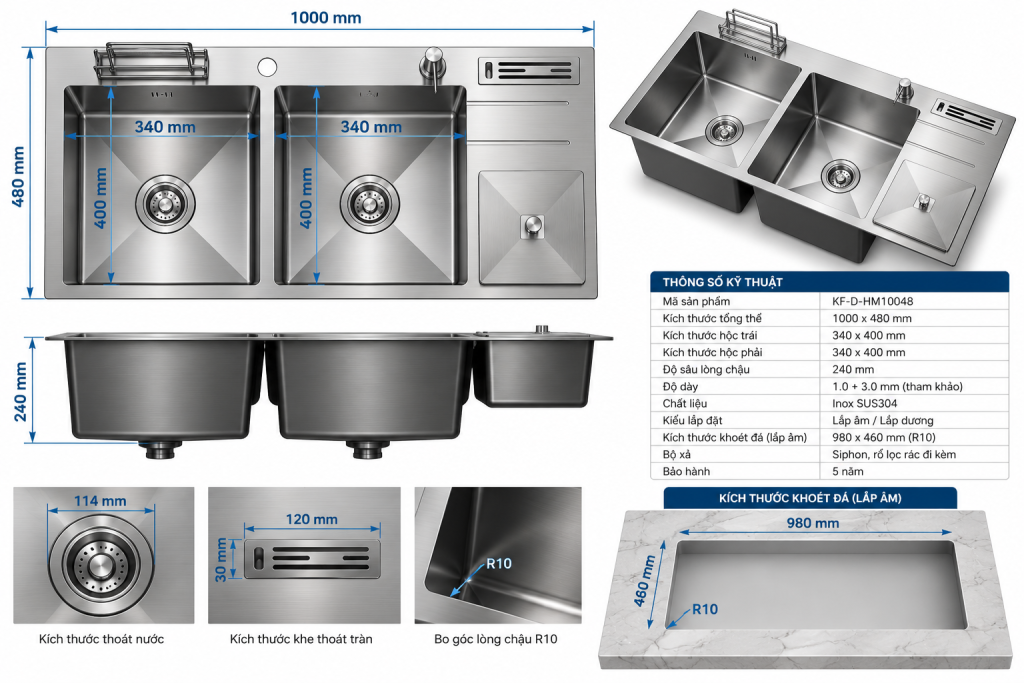 Bản vẽ kích thước chậu rửa INOX KAFF KF-D-HM10048