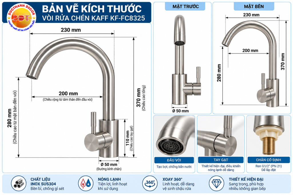 Bản vẽ kích thước vòi rửa chén KAFF KF-FC8325.