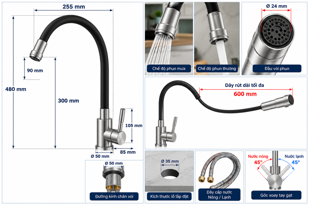 Bản vẽ kích thước vòi rửa chén KAFF KF-FC8349