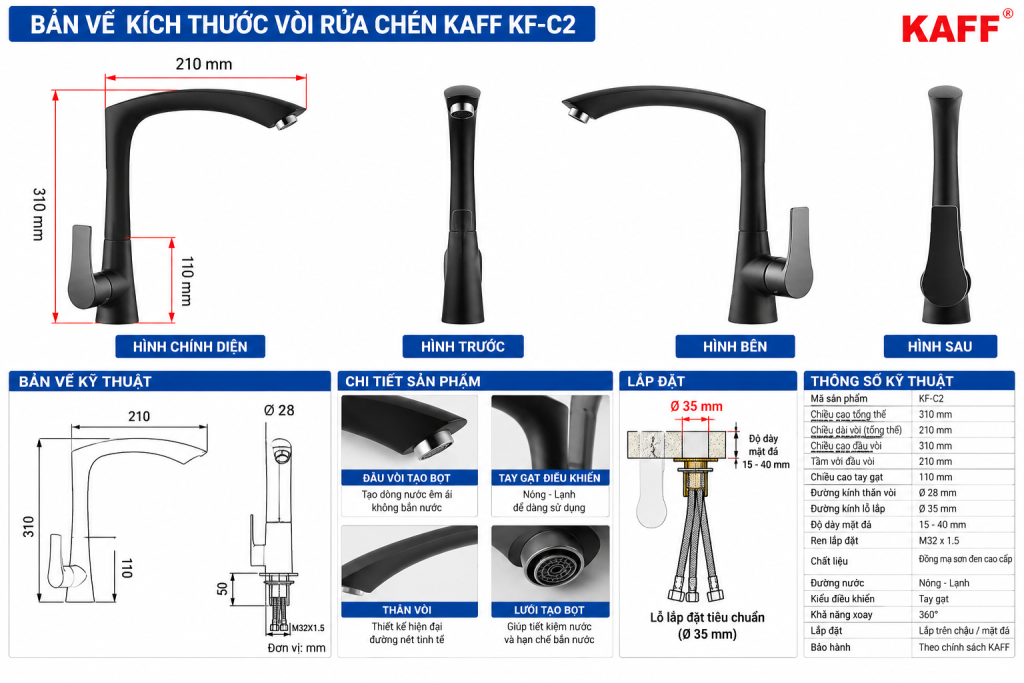 Bản vẽ kích thước vòi rửa chén KAFF KF-C2