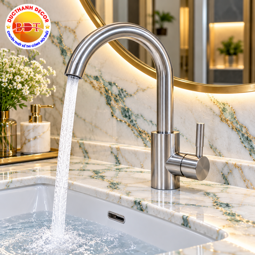 Vòi rửa bát KAFF KF-FC8325 lắp đặt trên mặt đá trắng vân xanh