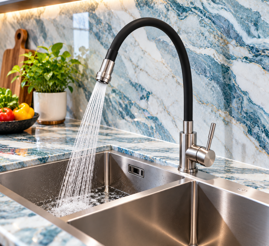 Chi tiết vòi rửa chén KAFF KF-FC8349 nhìn từ góc nghiêng