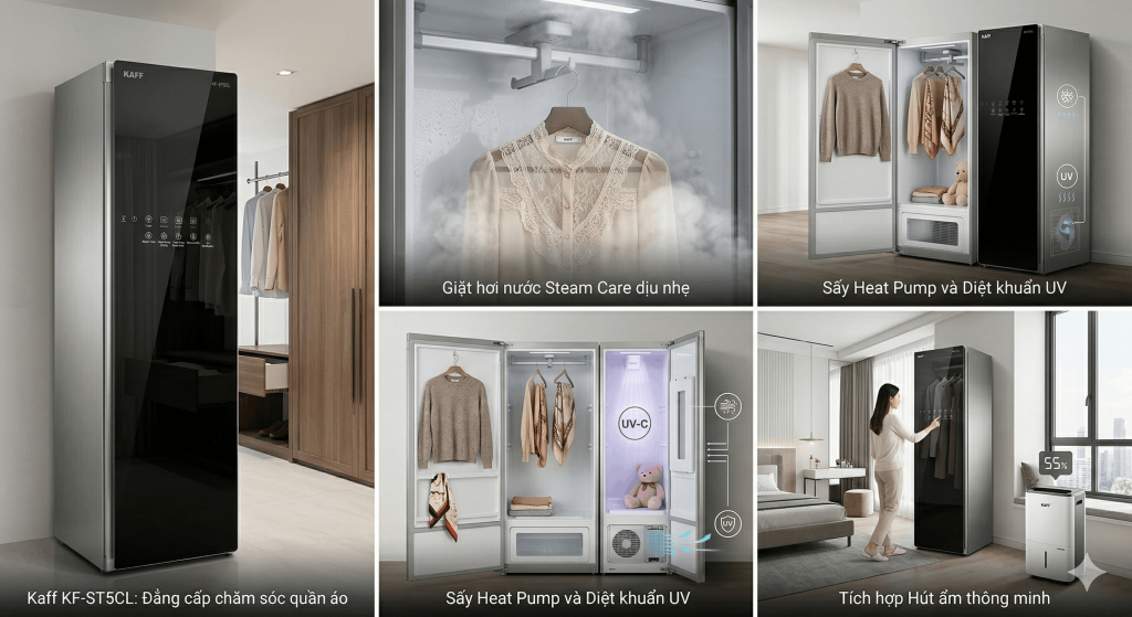 Tủ chăm sóc quần áo Kaff KF-ST5CL sử dụng tia UV và Ozone để diệt khuẩn và khử mùi nấm mốc