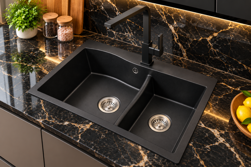 Chậu rửa Granite KAFF KF-7948SJ phối mặt đá đen vân vàng