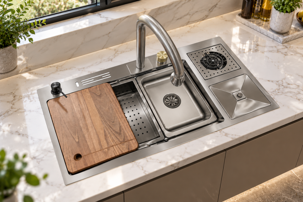 Chậu rửa bát KAFF KF-FYD8846-B màu đen sang trọng trong không gian bếp