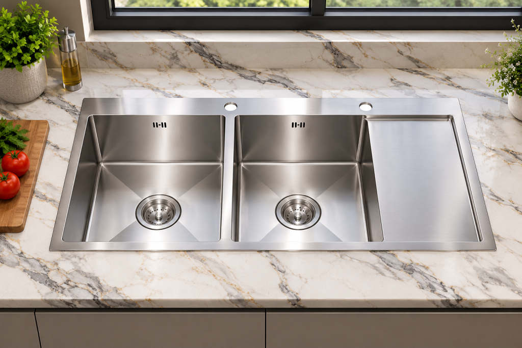 Chậu rửa INOX KAFF KF-HM10045 hai hộc có bàn chờ bên phải