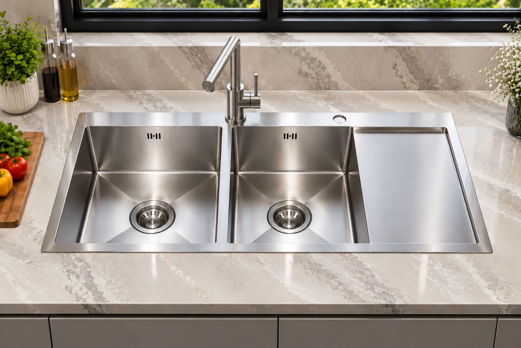 Chậu rửa KAFF KF-HM10048 trên mặt đá Vicostone trong bếp hiện đại