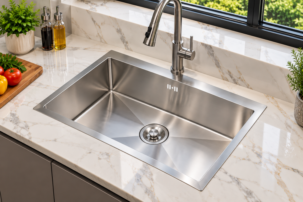 Chậu rửa inox KAFF KF-HM6045BI trên mặt đá trắng vân mây