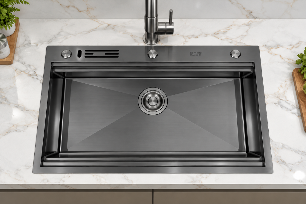 Chậu rửa chén đơn KAFF KF-HM7848B inox phủ nano đen Sao chép