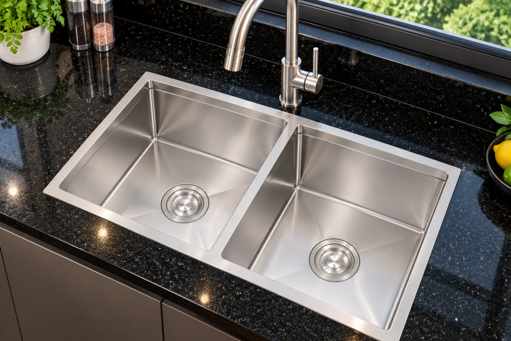 Chậu rửa bát KAFF KF-HM8245BI trên mặt đá đen kim sa