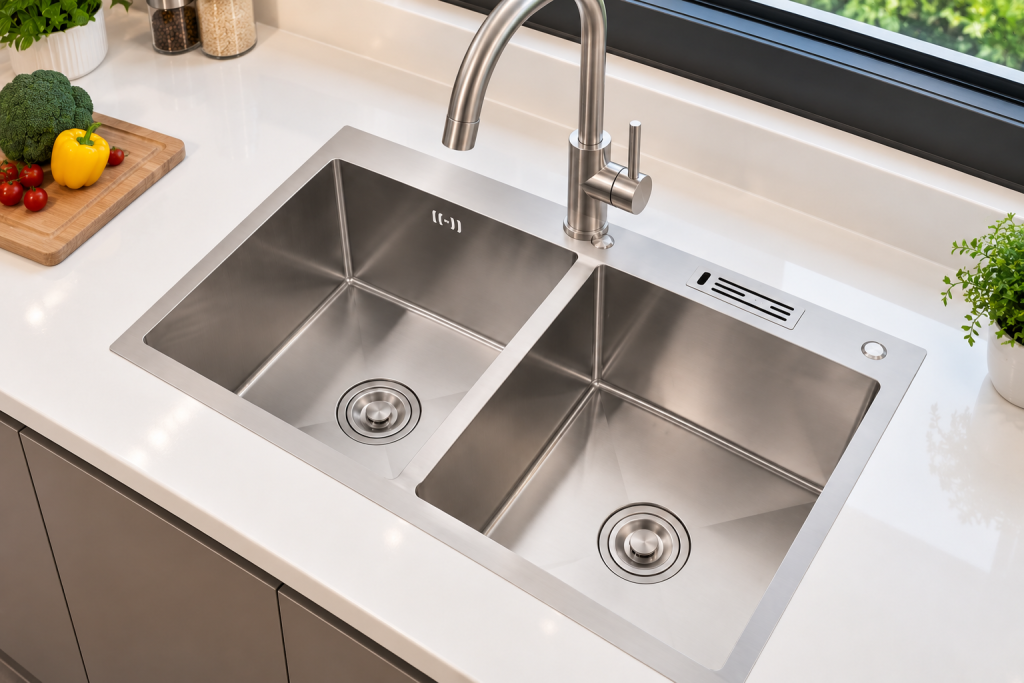 Chậu rửa chén KAFF KF-HM8245C lắp đặt trên mặt đá bếp hiện đại
