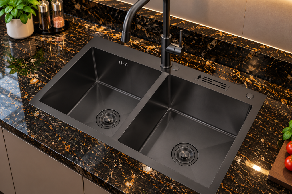 Chậu rửa chén KAFF KF-HM8245C-B inox 304 phủ nano thiết kế 2 hộc