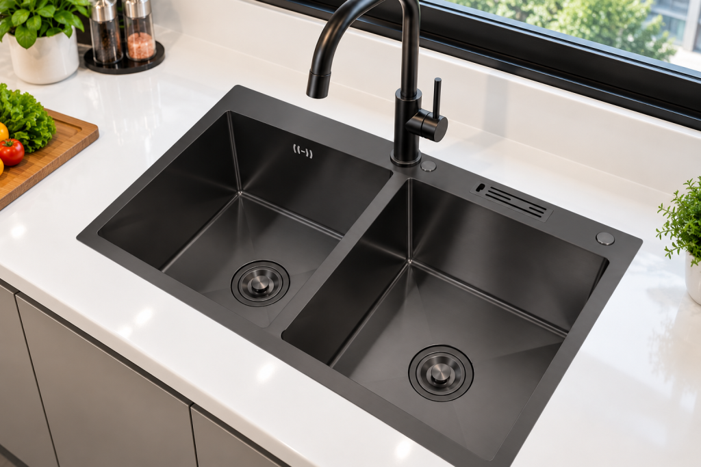 Chậu rửa KAFF KF-HM8245C-B lắp đặt trên mặt đá trắng sứ hiện đại