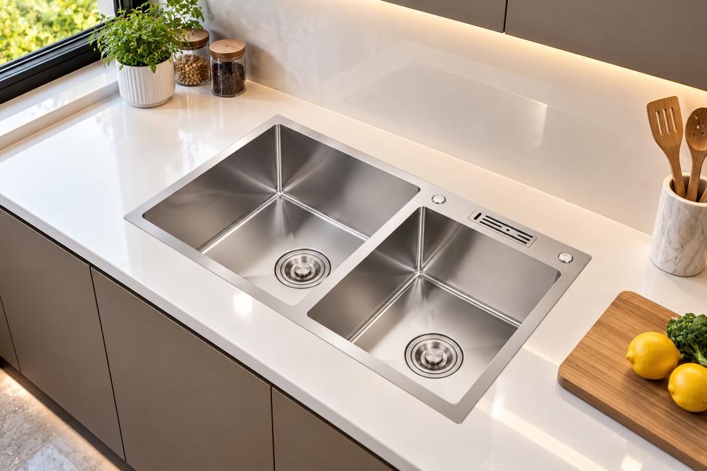 Chậu rửa chén KAFF KF-HM8245L lắp đặt trên mặt đá bếp trắng không vân