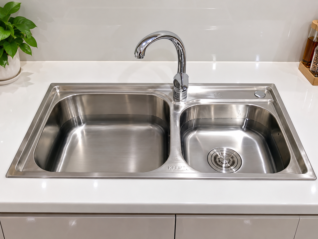 Chậu rửa chén KAFF KF-P7843 lắp trên mặt đá trắng vân mây sang trọng