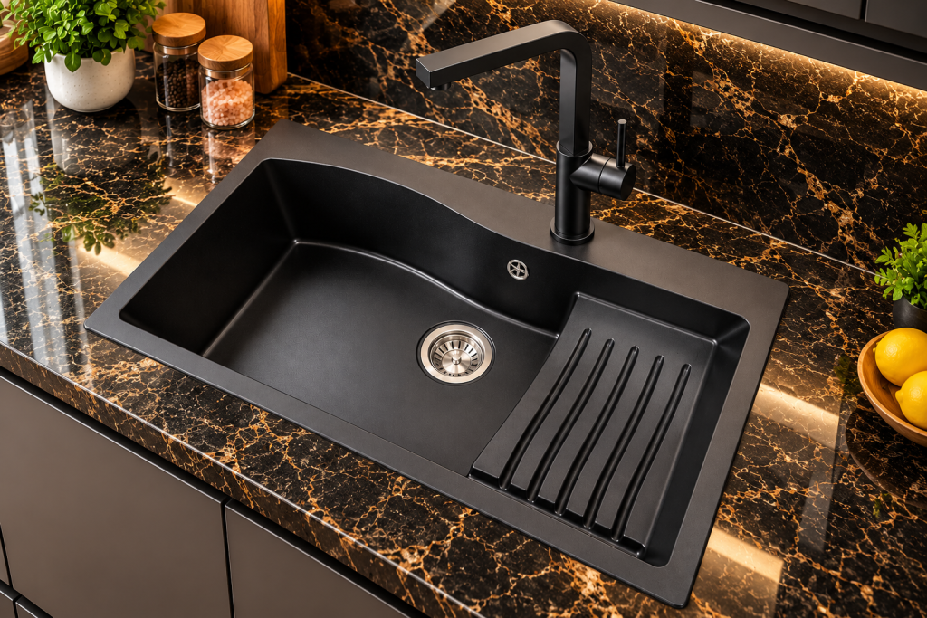 Chậu rửa Granite KAFF KF-8246SY trên mặt đá đen vân vàng