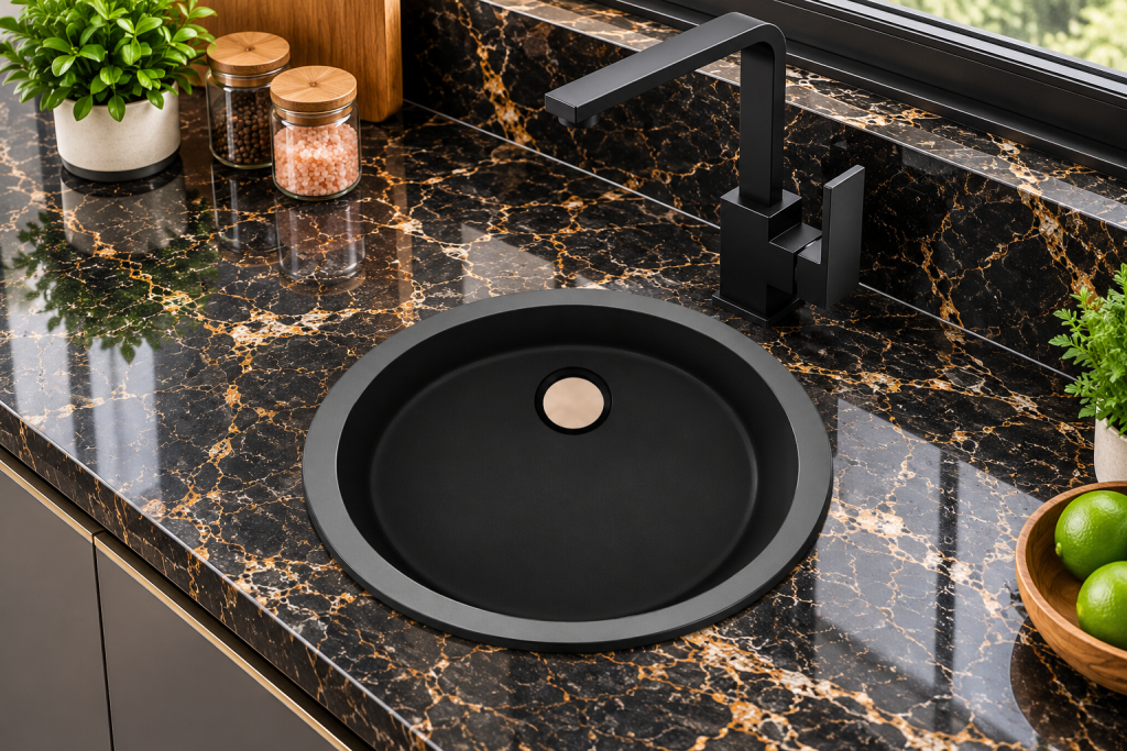 Chậu rửa chén KAFF KF-CR460B Granite đen 1 hố tròn