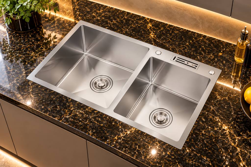 Chậu rửa bát KAFF KF-HM8245L inox 304 trong không gian bếp hiện đại