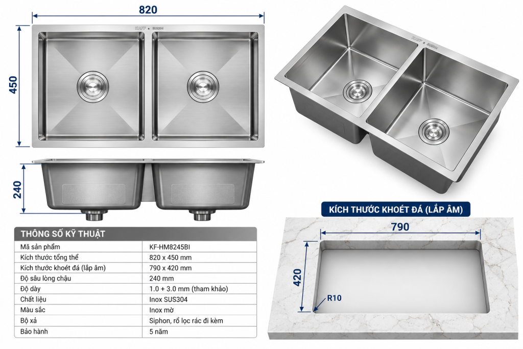 Bản vẽ kích thước chậu rửa chén KAFF KF-HM8245BI 820x450mm
