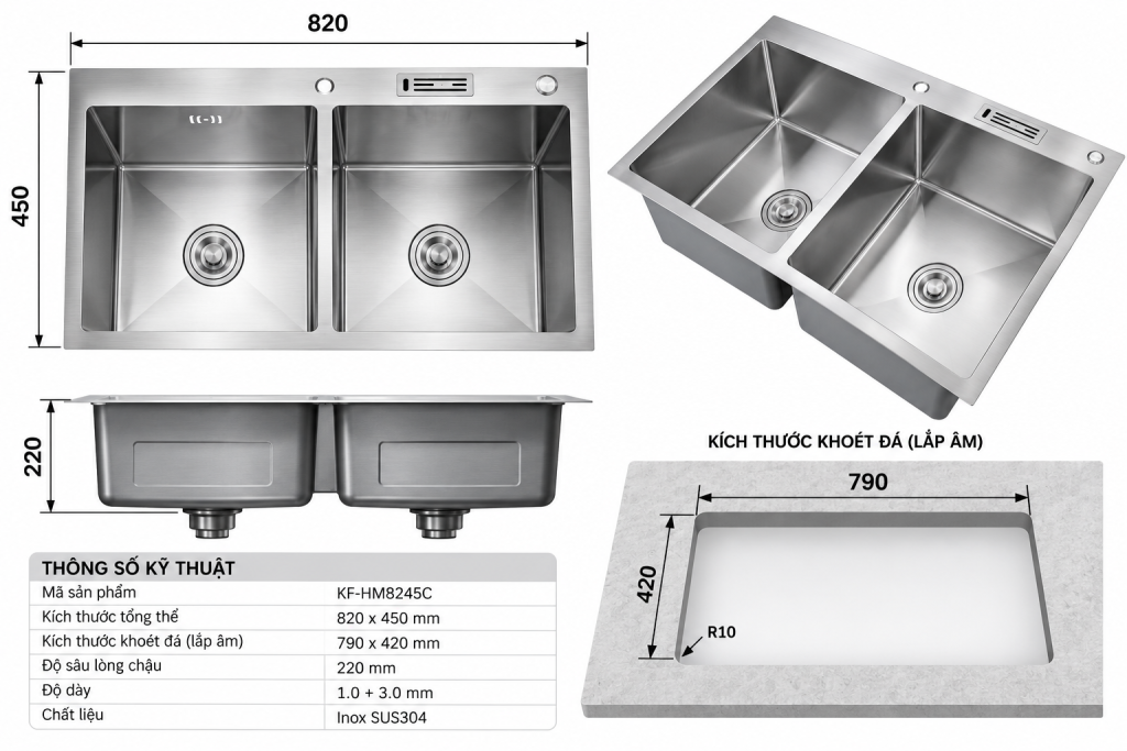 Bản vẽ kích thước chậu rửa KAFF KF-HM8245C 820x450mm