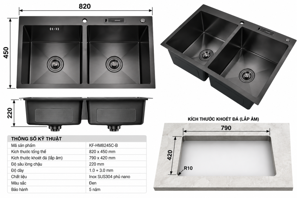 Bản vẽ kích thước chậu rửa chén KAFF KF-HM8245C-B 820x450mm