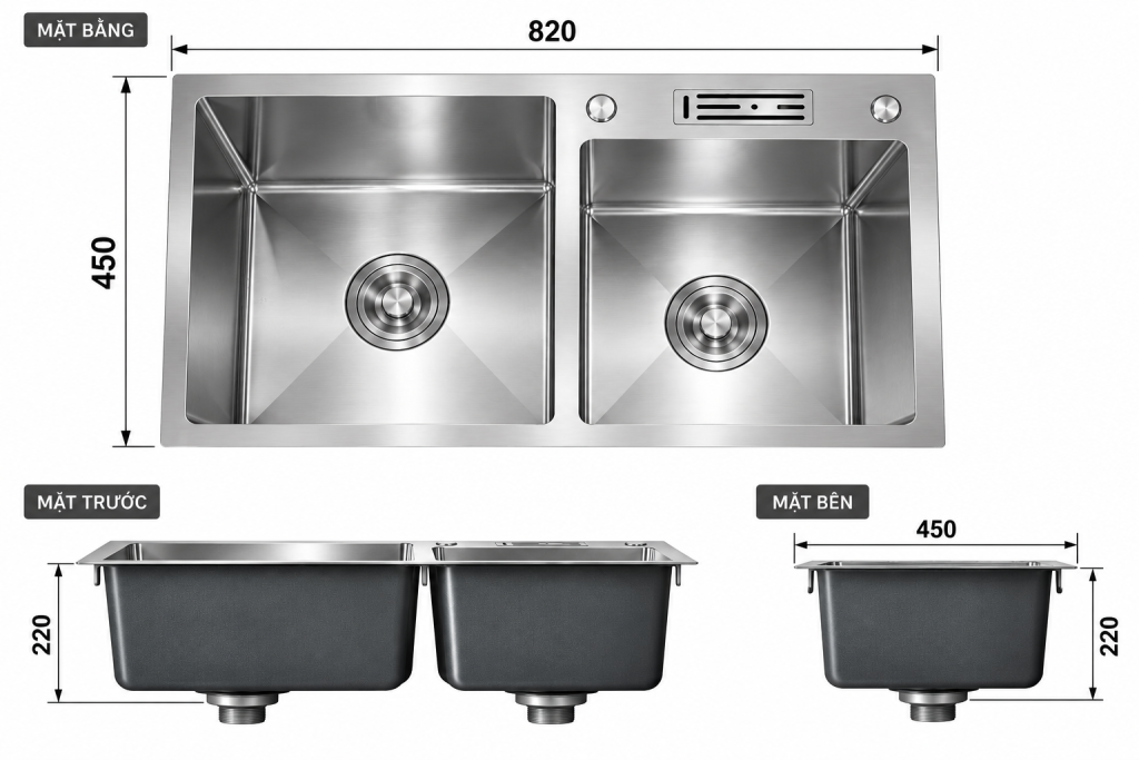 Kích thước chậu rửa chén KAFF KF-HM8245L 820x450mm
