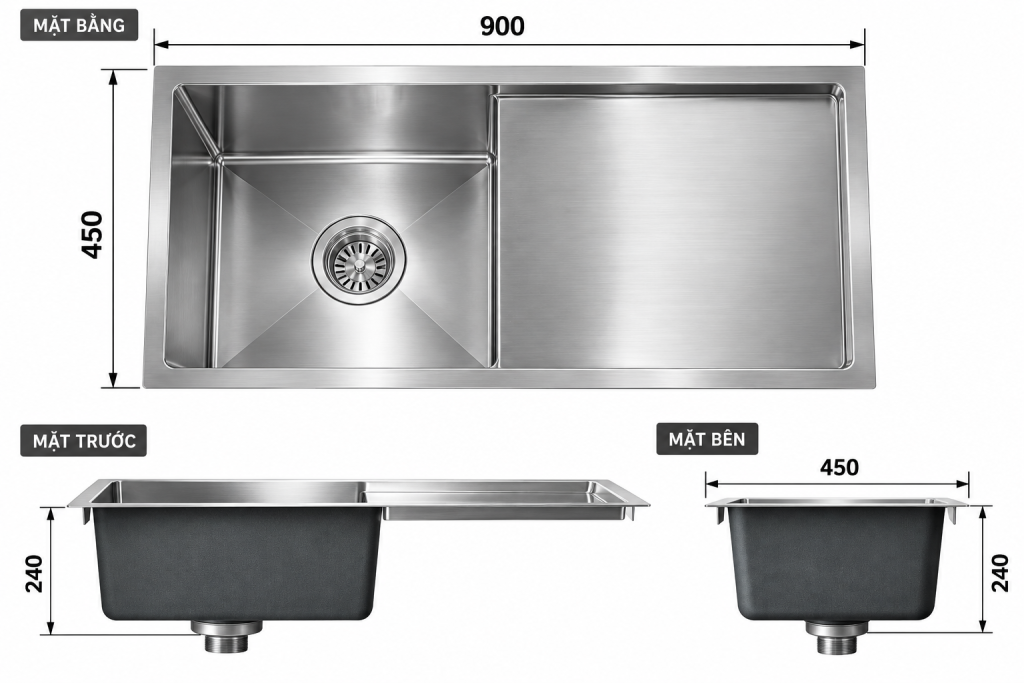 Kích thước chậu rửa chén KAFF KF-HMD9045BI 900x450mm sâu 240mm