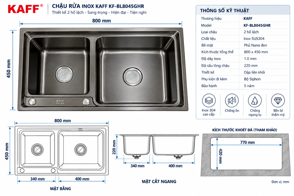 Bản vẽ kích thước chậu rửa KAFF KF-BL8045GHR 800 x 450 mm
