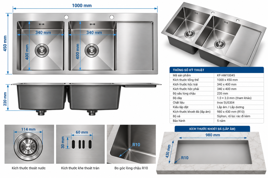 Bản vẽ kích thước chậu rửa KAFF KF-HM10045 1000 x 450 mm