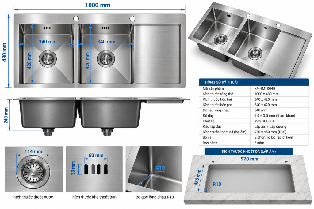 Bản vẽ kích thước chậu rửa KAFF KF-HM10048 1000 x 480 mm