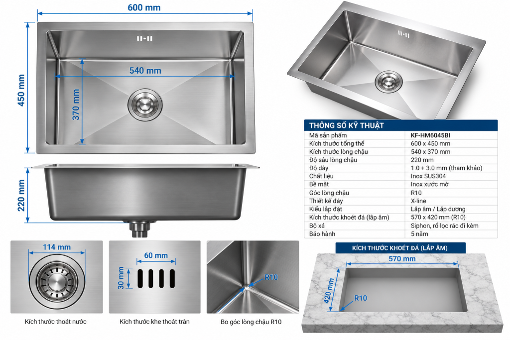 Bản vẽ kích thước chậu rửa KAFF KF-HM6045BI