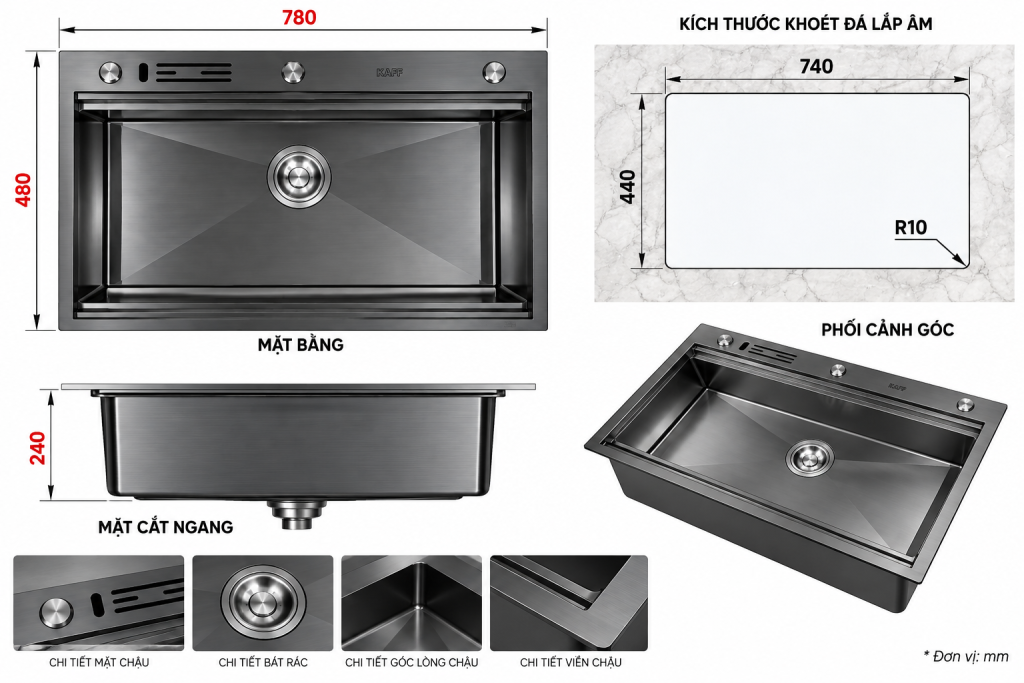Bản vẽ kích thước chậu rửa KAFF KF-HM7848B sâu 240mm