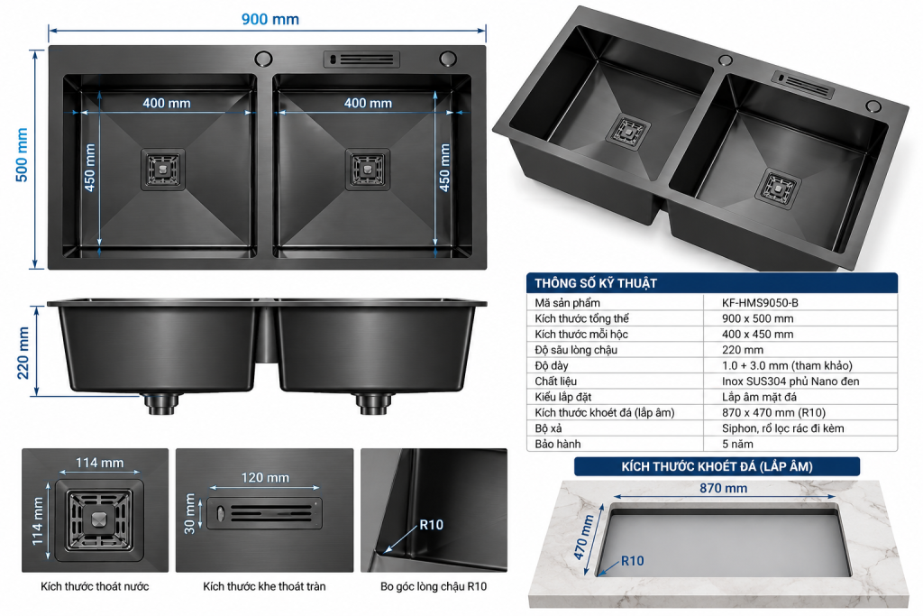 Bản vẽ kích thước chậu rửa chén KAFF KF-HMS9050-B