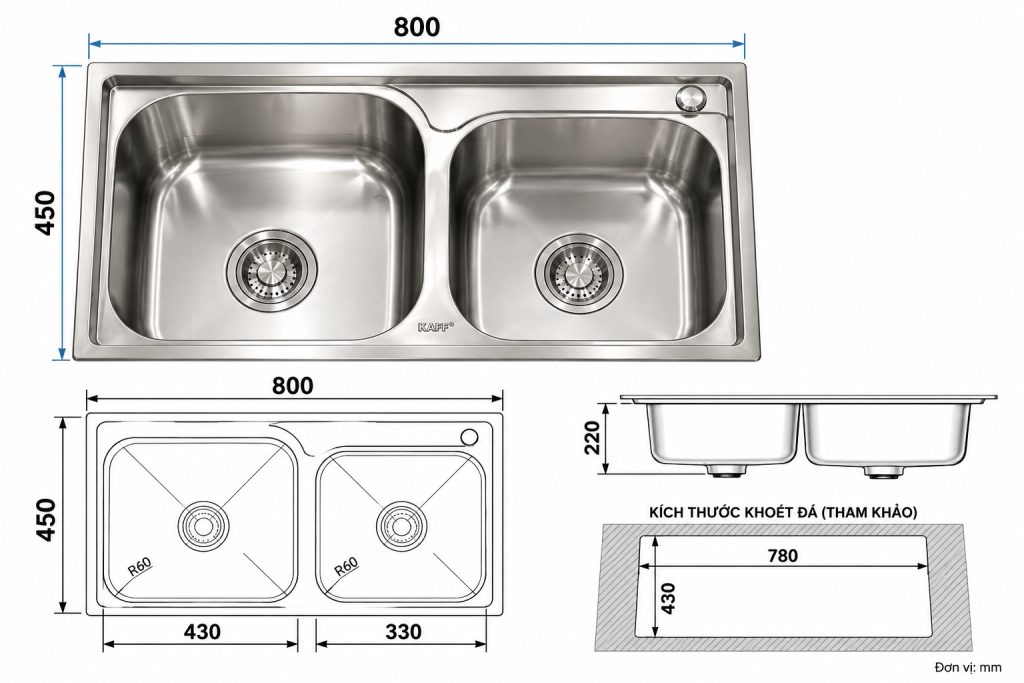 Bản vẽ kích thước chậu rửa chén KAFF KF-M8045GHR 800 x 450 mm