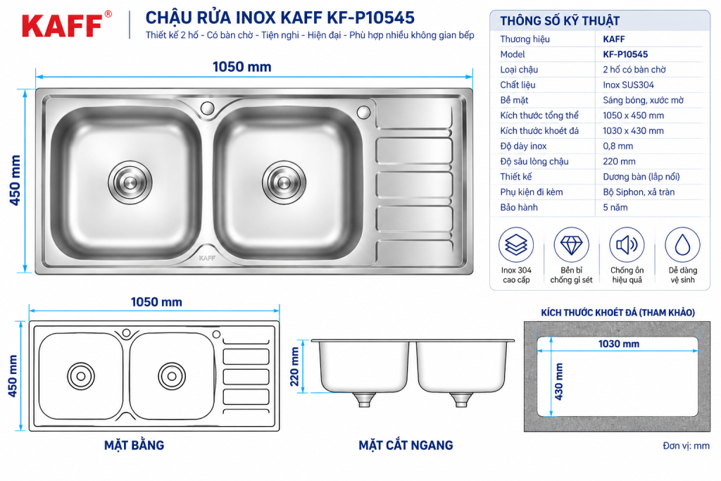 Bản vẽ kích thước chậu rửa KAFF KF-P10545 1050 x 450 mm