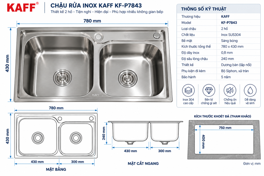 Bản vẽ kích thước chậu rửa inox KAFF KF-P7843 780 x 430 mm