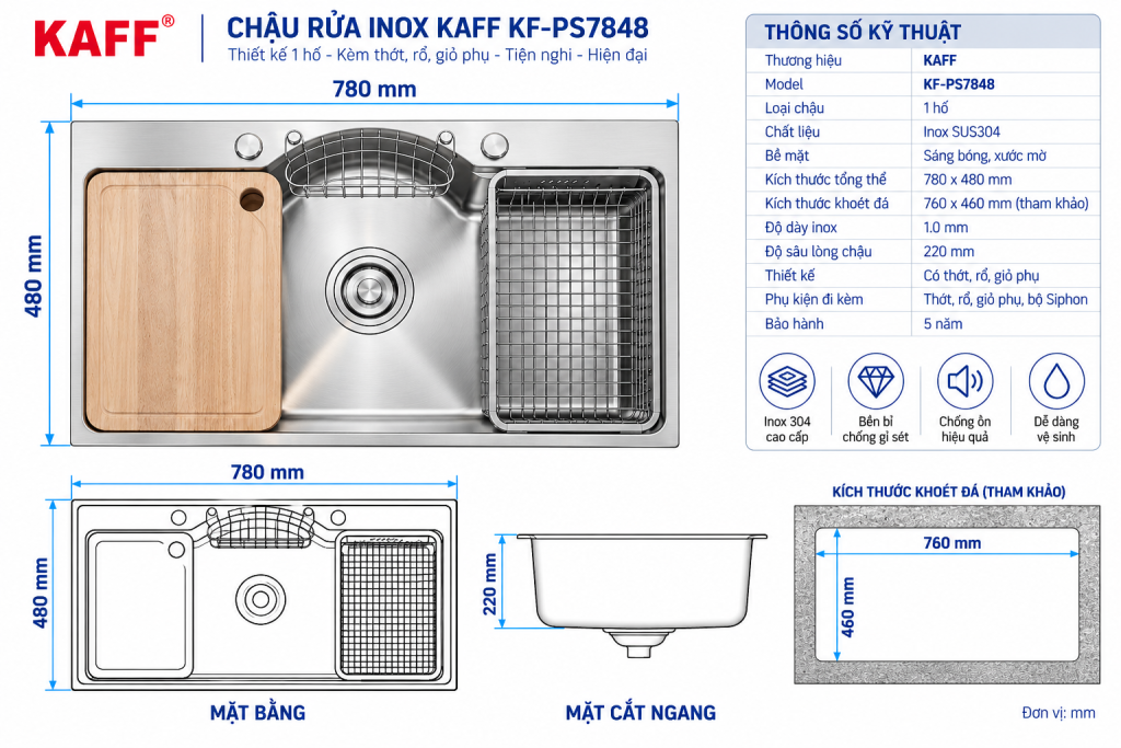Bản vẽ kích thước chậu rửa KAFF KF-PS7848 780 x 480 mm