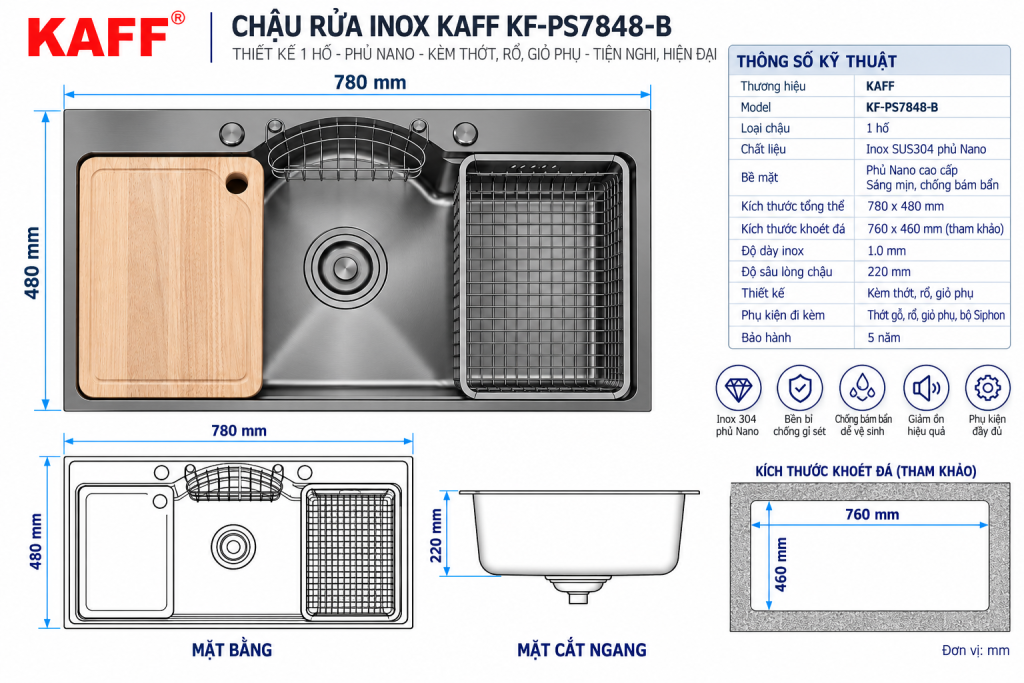 Bản vẽ kích thước chậu rửa KAFF KF-PS7848-B 780 x 480 mm