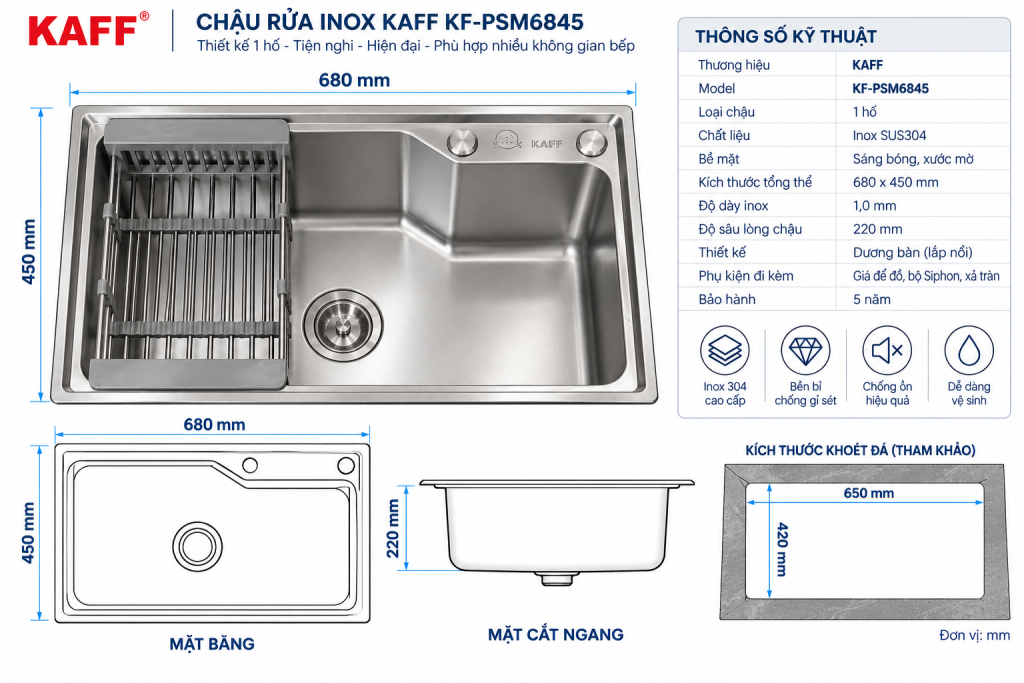 Bản vẽ kích thước chậu rửa KAFF KF-PSM6845 680 x 450 mm