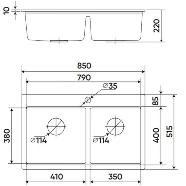 Kích thước chậu rửa đá KAFF KF-MONDY-8552S 850 x 515 mm