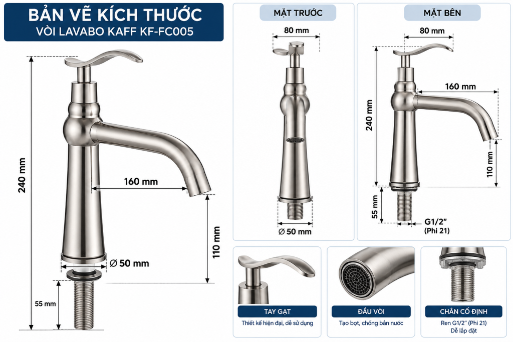 Bản vẽ kích thước vòi lavabo KAFF KF-FC005.