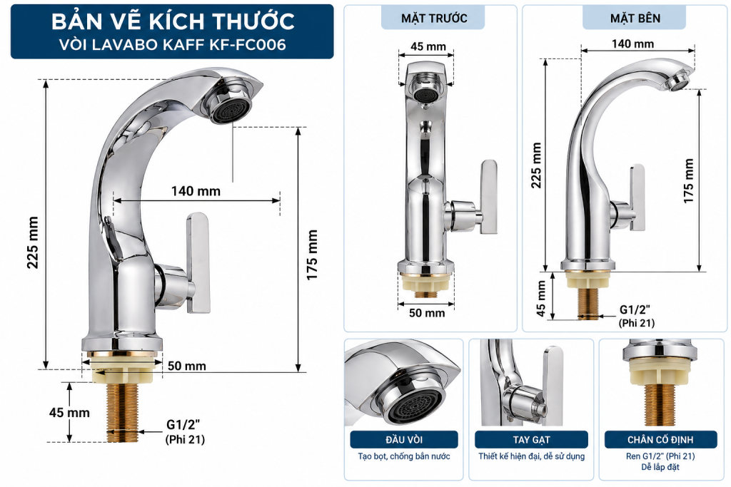 Bản vẽ kích thước vòi lavabo KAFF KF-FC006.