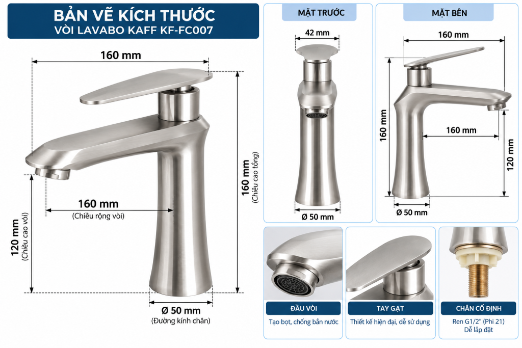 Bản vẽ kích thước vòi lavabo KAFF KF-FC007