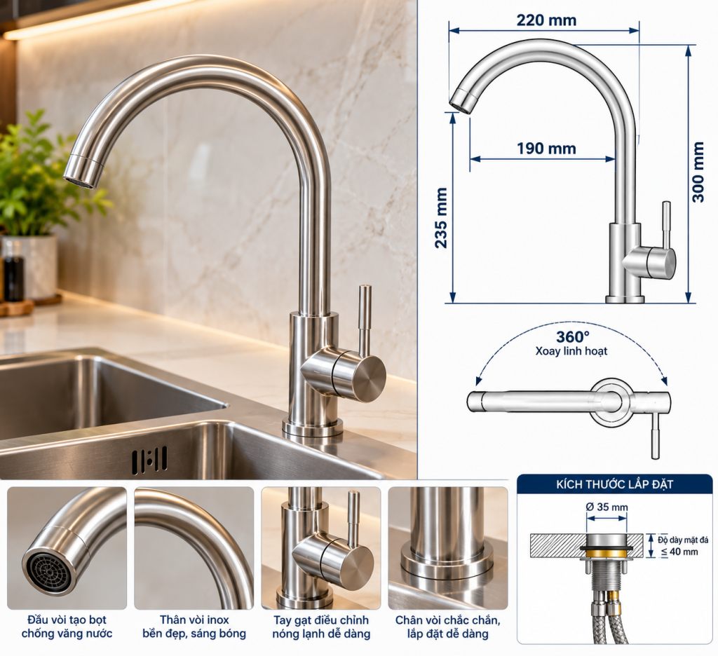 Bản vẽ kích thước vòi rửa chén KAFF KF-FC048