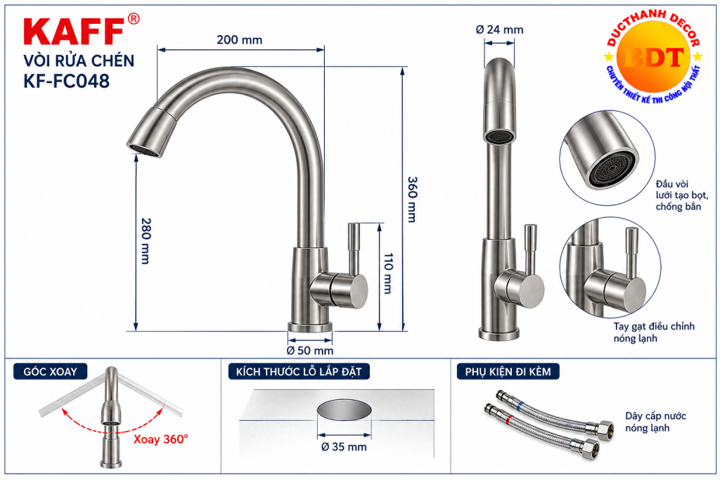 Bản vẽ kích thước vòi rửa chén KAFF KF-FC048