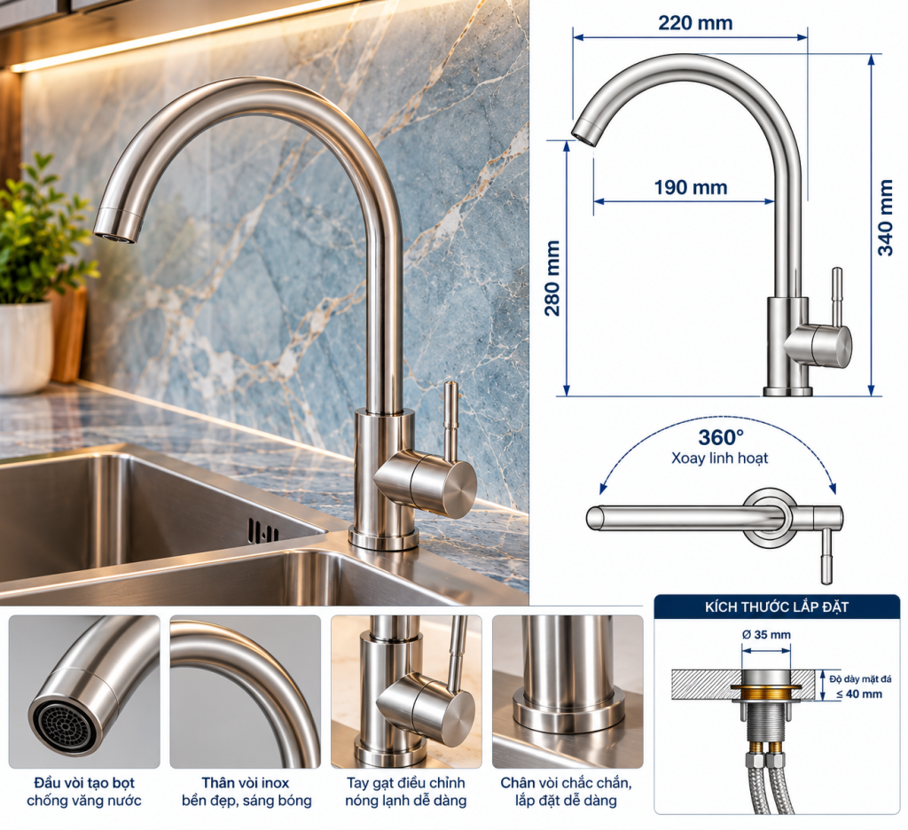  Bản vẽ kích thước vòi rửa chén KAFF KF-FC049