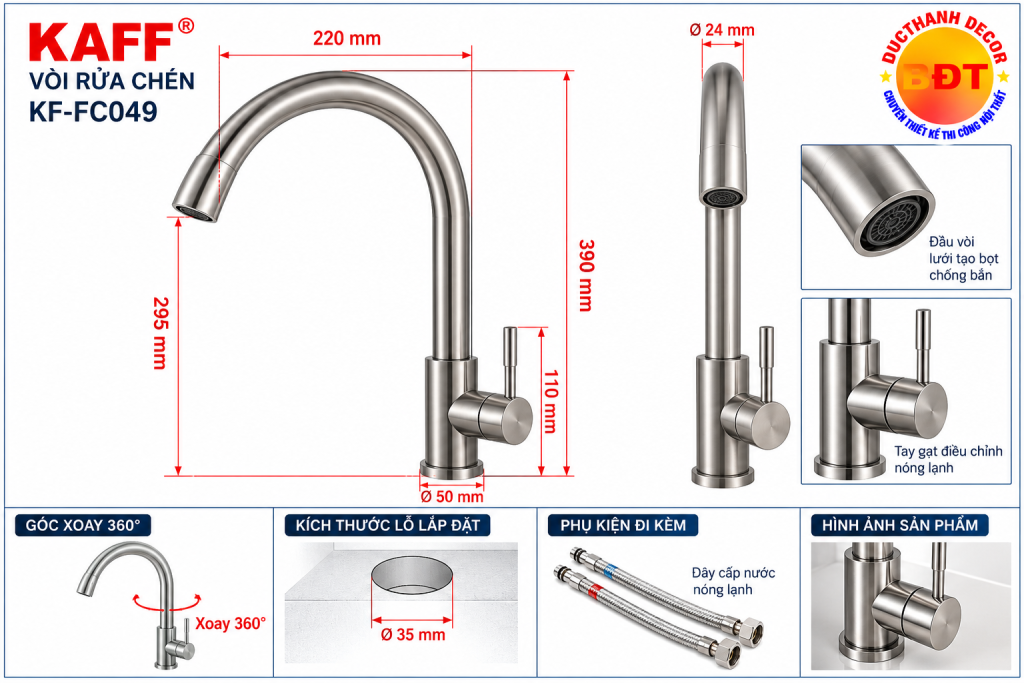 Bản vẽ kích thước vòi rửa chén KAFF KF-FC049