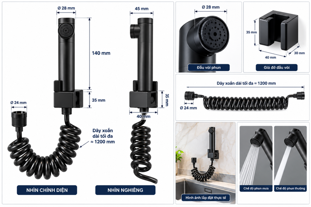 Chi tiết đầu vòi và dây xoắn đàn hồi KAFF KF-FC605