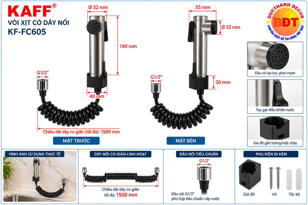Bản vẽ kích thước dây nối vòi rửa KAFF KF-FC605